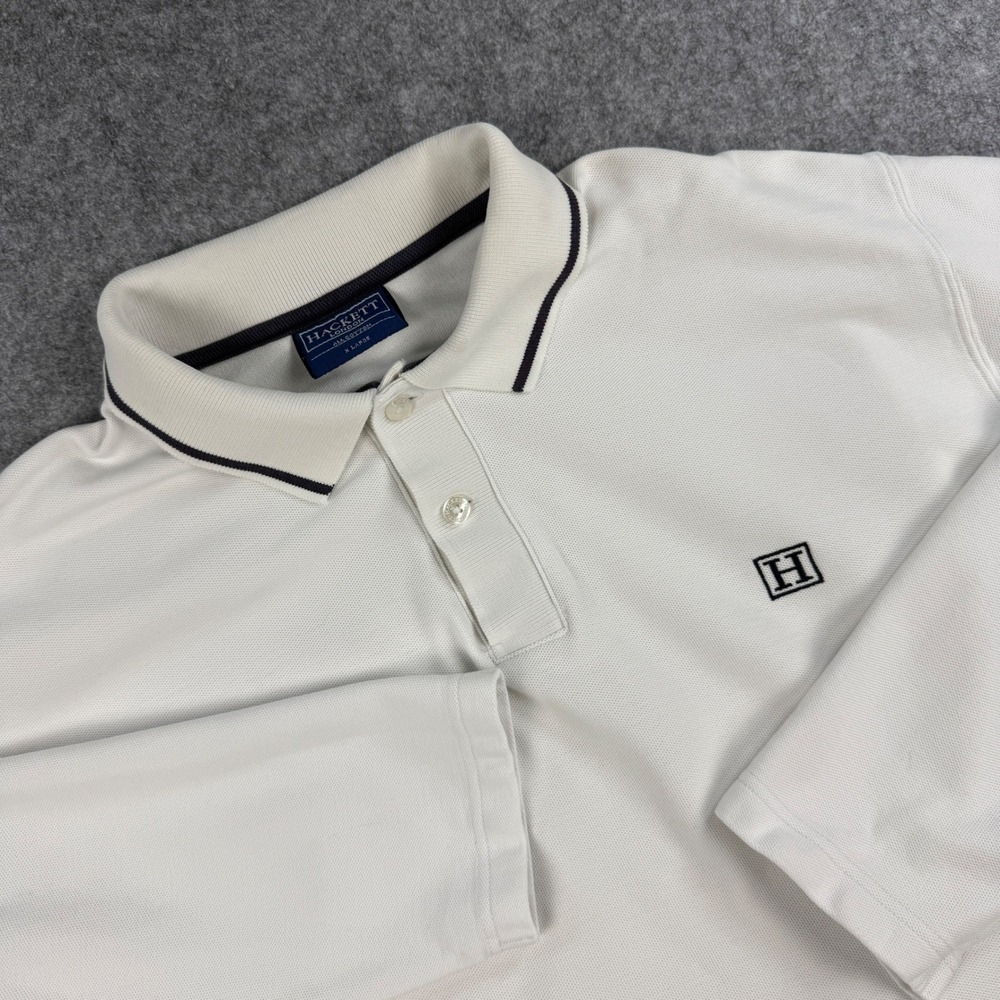 Vintage Hackett London Polo Mens XL Cream Long Sleeve Pique Cotton Embroidered